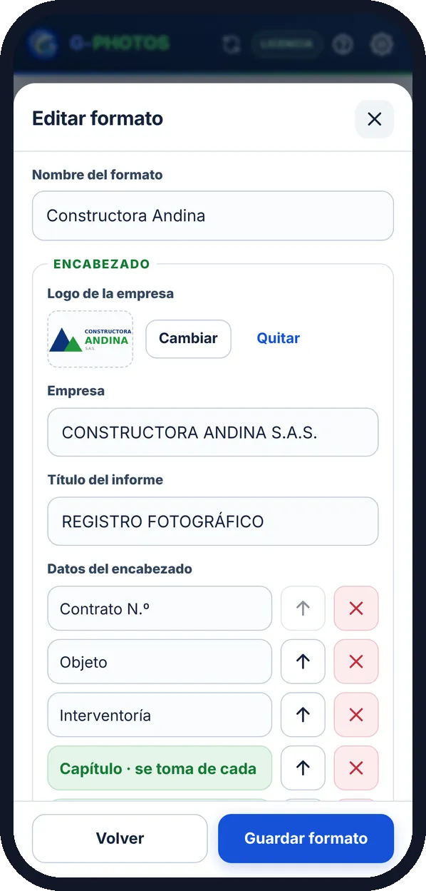 Tu encabezado: Logo, datos del contrato, colores y firmas