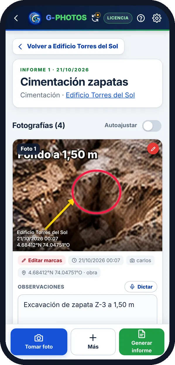 El informe: Cada foto con fecha, GPS y su observación
