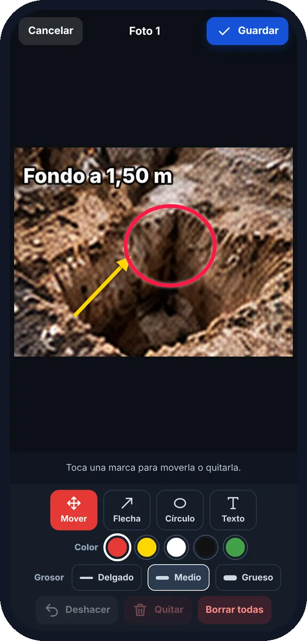 Marcas sobre la foto: Flechas, círculos y textos para señalar el detalle