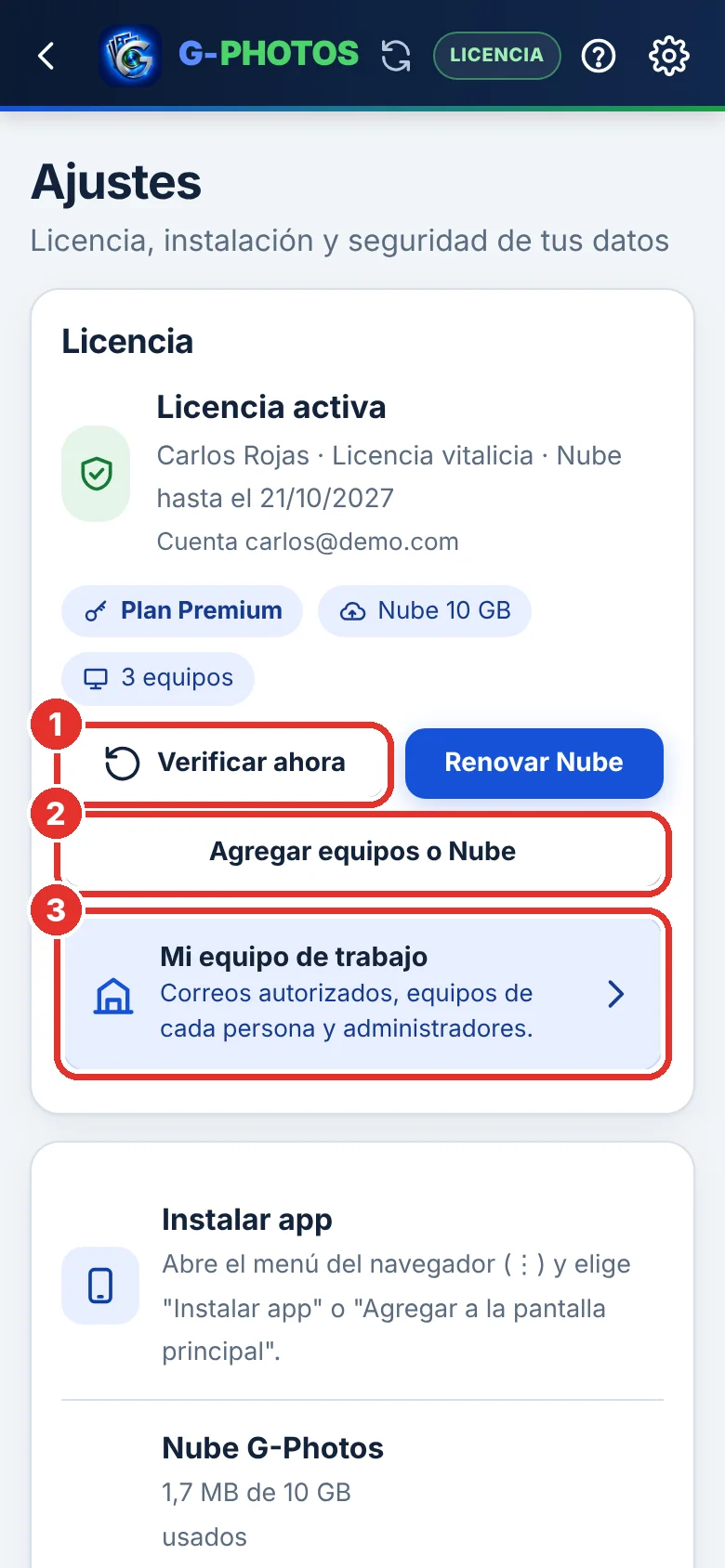 Tu licencia en Ajustes
